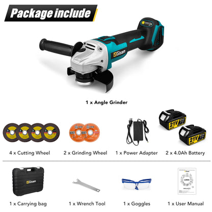 Cordless Angle Grinder Kit 21V 5 Inch(125Mm),10000Rpm Brushless Motor, with 2X 4.0Ah Battery & 6X Cutting Grinding Wheels