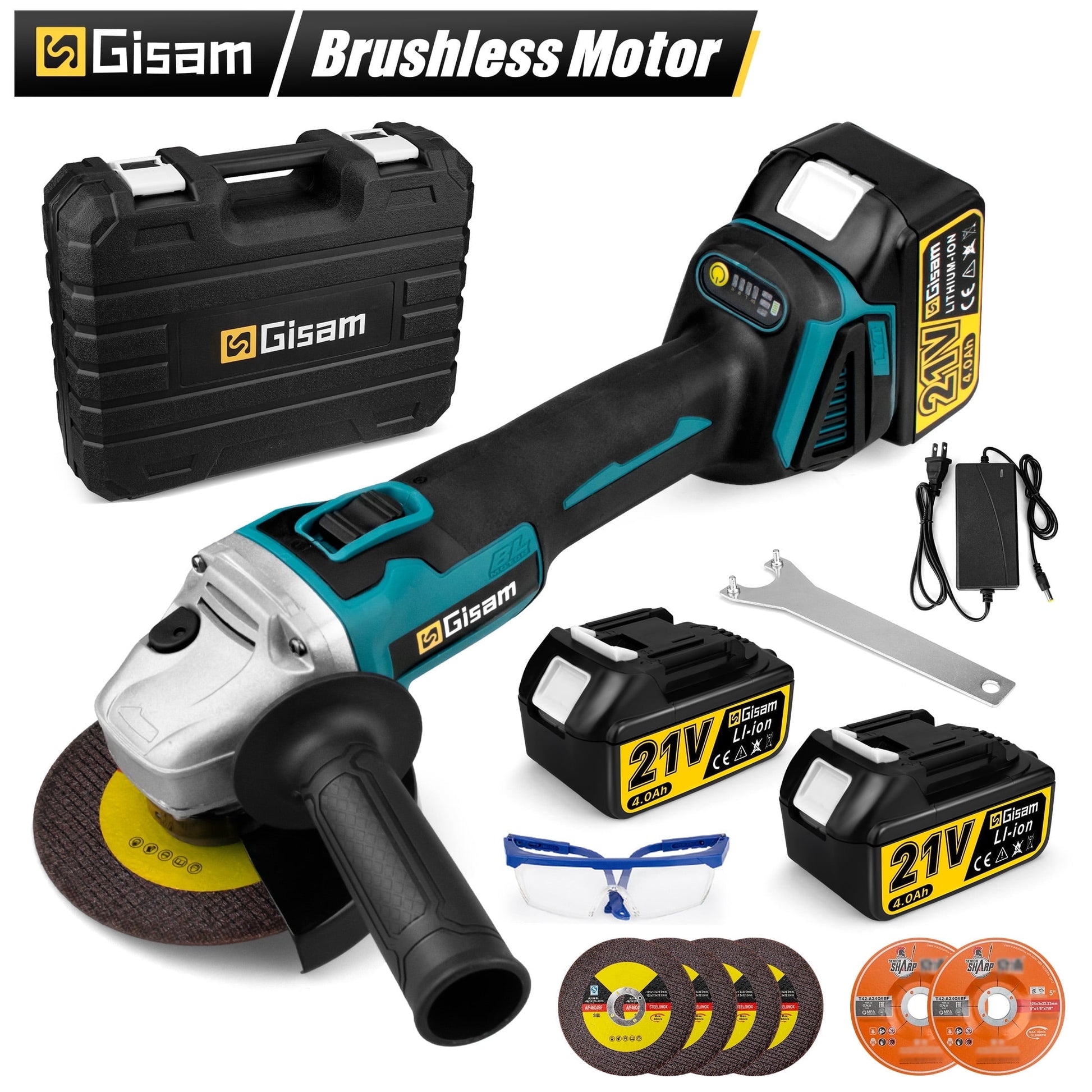 Cordless Angle Grinder Kit 21V 5 Inch(125Mm),10000Rpm Brushless Motor, with 2X 4.0Ah Battery & 6X Cutting Grinding Wheels