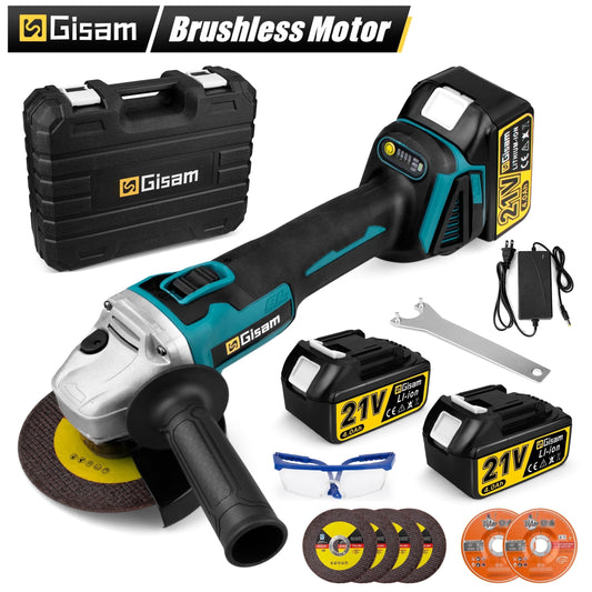 Cordless Angle Grinder Kit 21V 5 Inch(125Mm),10000Rpm Brushless Motor, with 2X 4.0Ah Battery & 6X Cutting Grinding Wheels