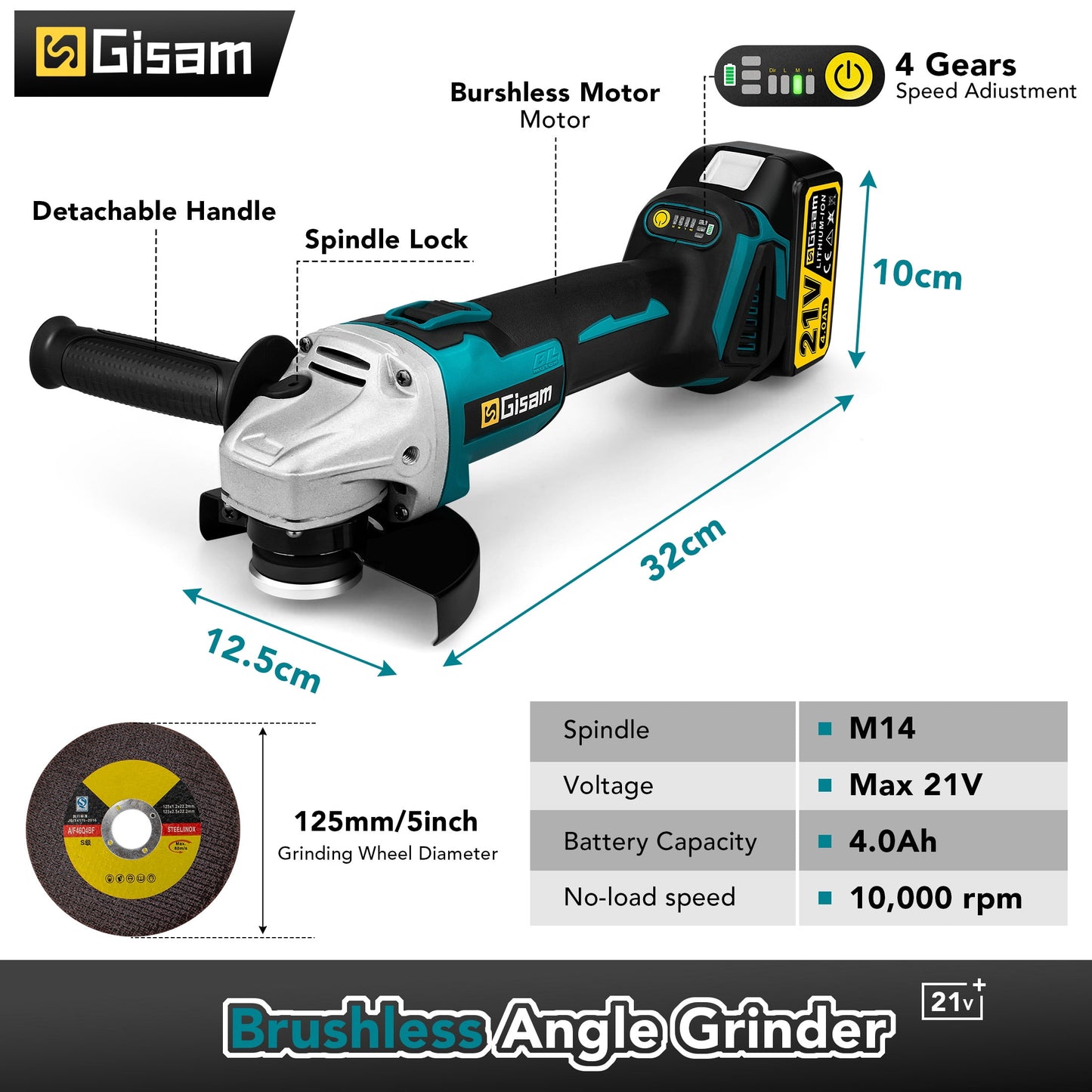 Cordless Angle Grinder Kit 21V 5 Inch(125Mm),10000Rpm Brushless Motor, with 2X 4.0Ah Battery & 6X Cutting Grinding Wheels